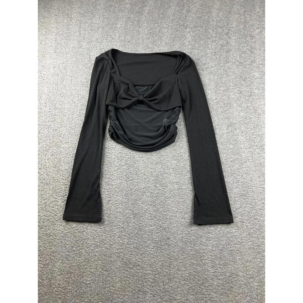 Black Long Sleeve Women's Crop Top with Ruched Detail